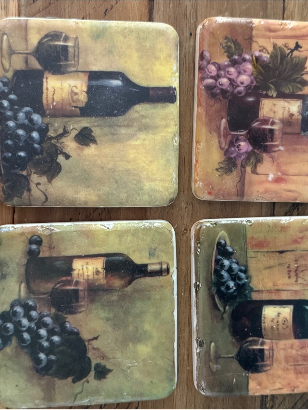 Vintage Wine & Grapes Square Coaster Set - Olive Green